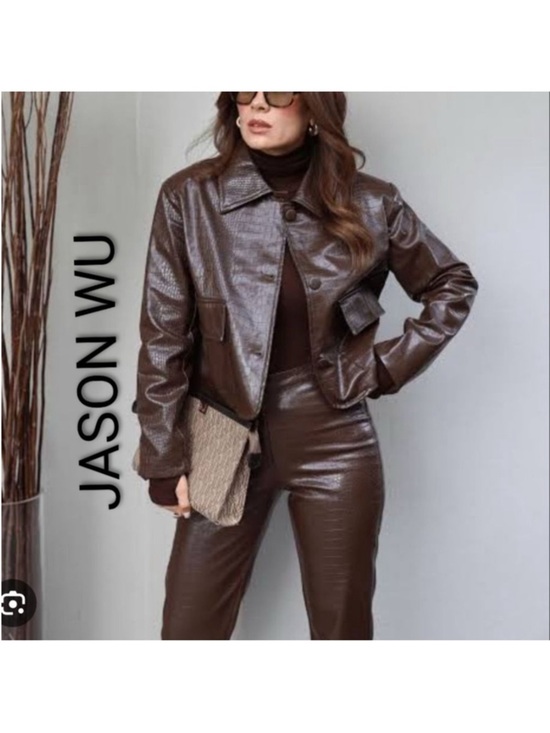 Jason Wu Jackets & Blazers - Jason Wu Croc Embossed Moto Vegan Brown Y2K Faux Leather Coat- Size Large
